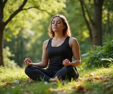 Person practicing meditation and mindfulness in a peaceful natural environment